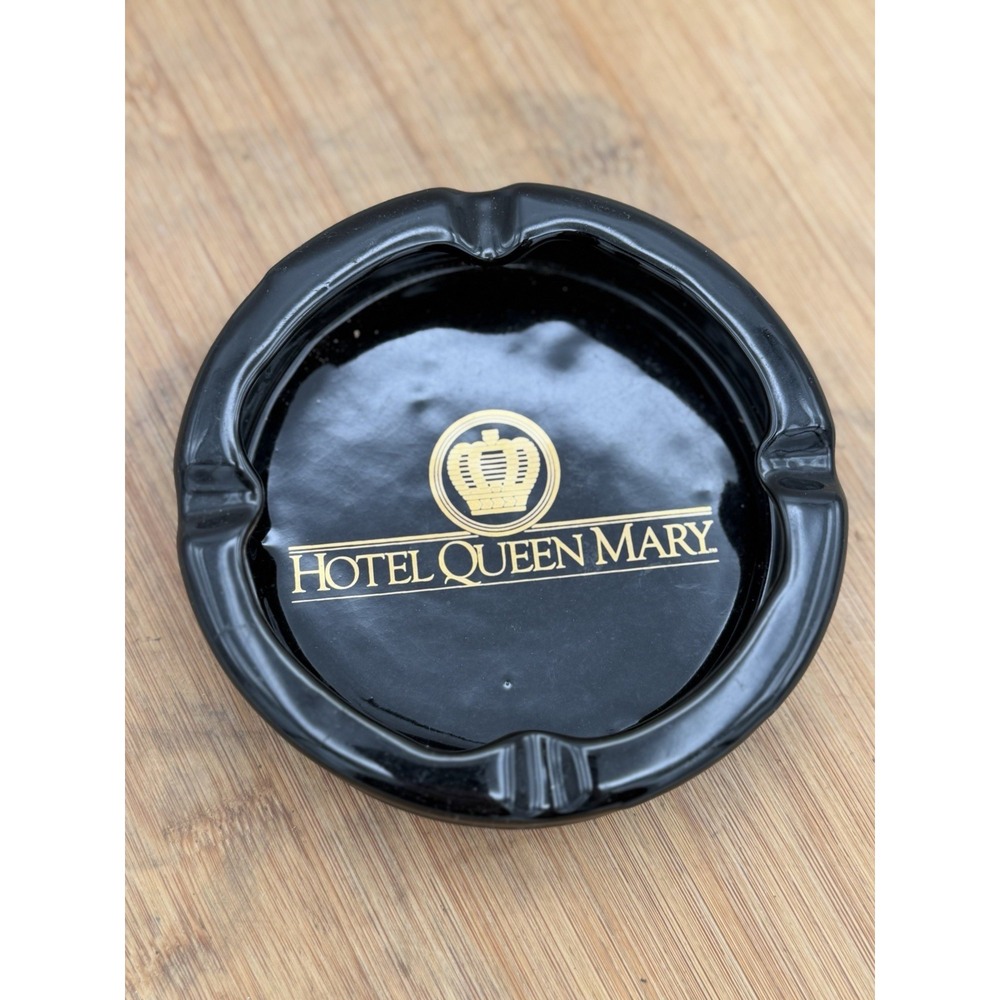 Vtg Hotel Queen Mary Ashtray Black Ceramic Gold Crown Crest Karol Western Taiwan